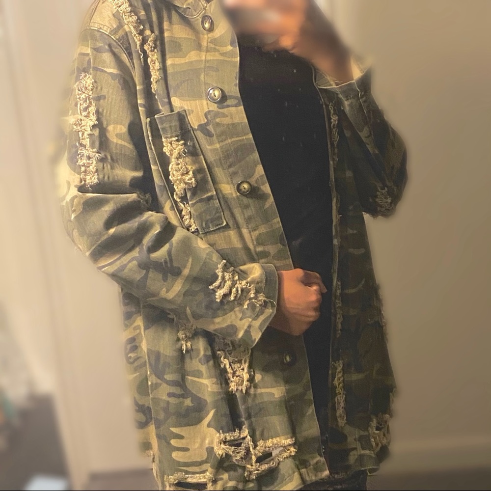 Camo Distressed Denim Jean Jacket